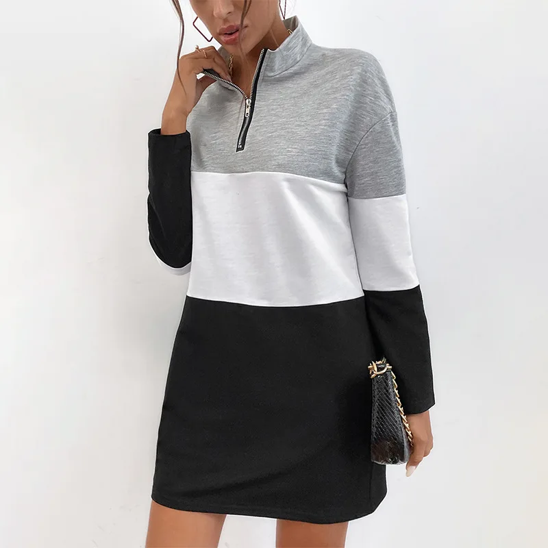 

Womens Dresses 2026 New Spring Fashion Color Blocked Half Zipper Design Stand Collar Long Sleeved Loose Casual Mini Dress