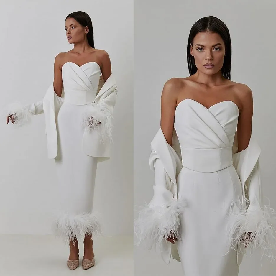 Vestidos de novia elegantes hasta el tobillo con chaqueta ajustada, vestidos de recepción de novia de marfil de pluma de avestruz, bata moderna