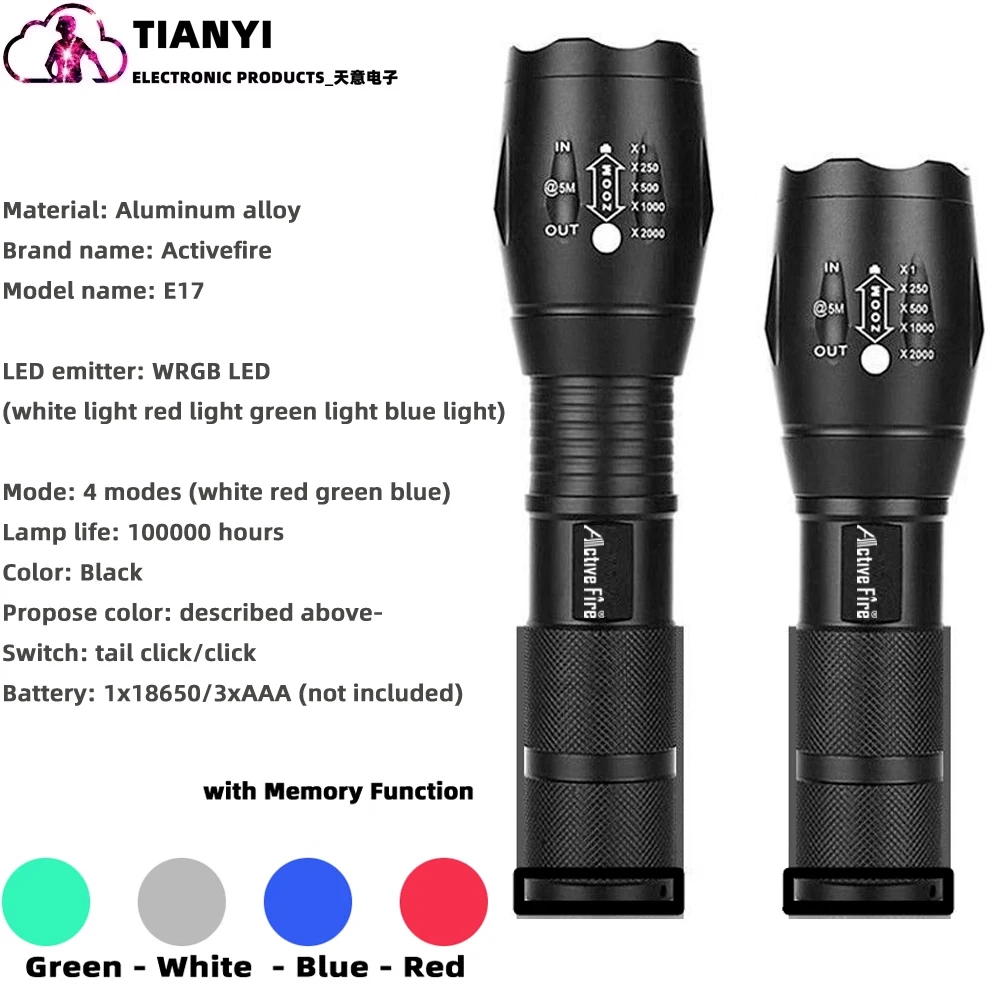 Upgraded Zoomable Red Flashlight, 4 Color in 1 Flash Light, Green Red Blue White Multi-Color RGBW Led with Memory for Fishing