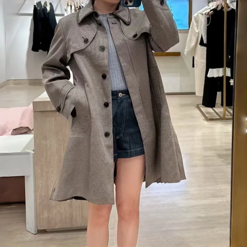  Leather Windbreaker Coat with Color Blo Ba Pleated Design Turn down Collar Long Sve Women's Mid-Length Jaet