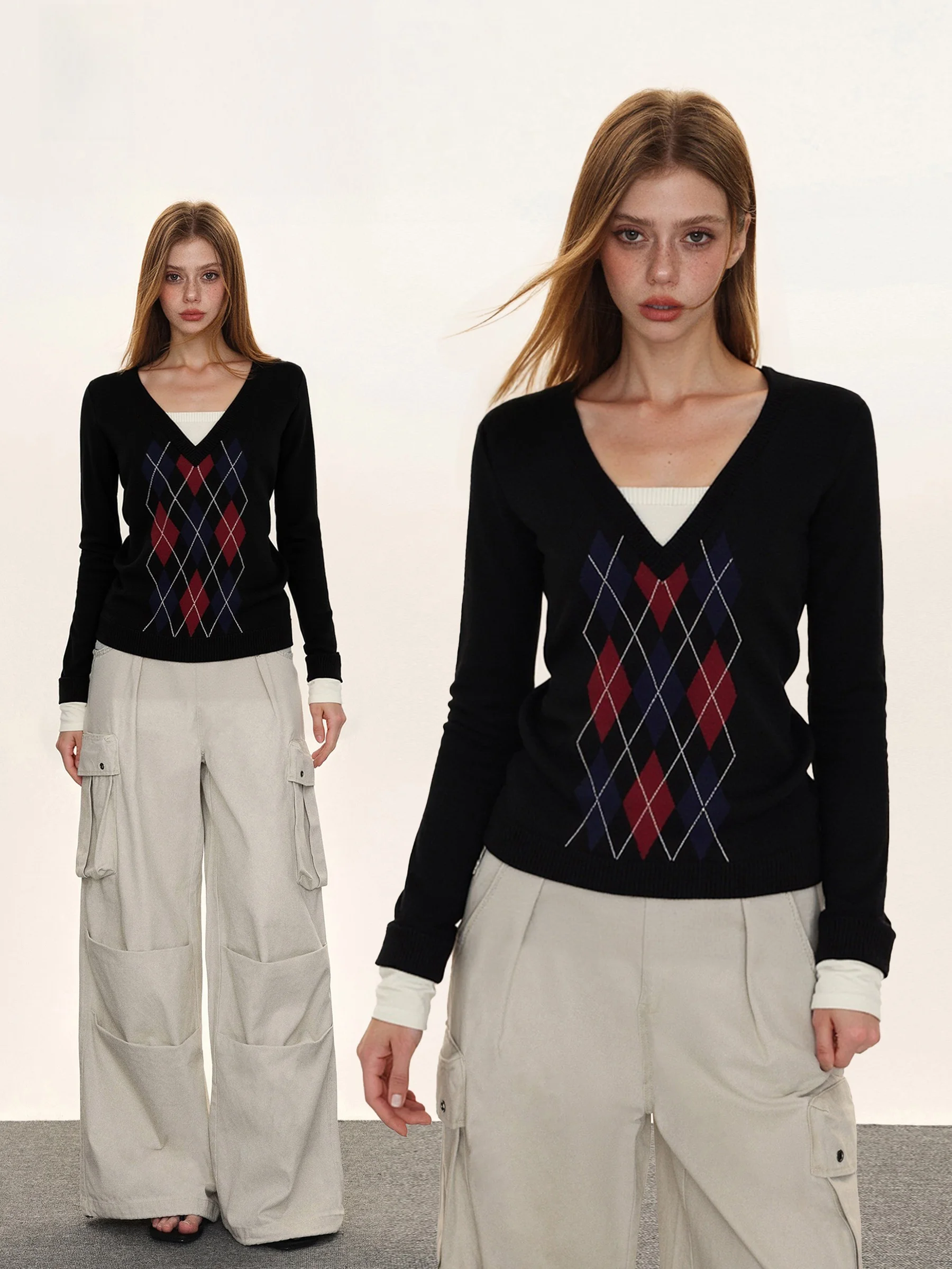 

Retro Sle Women's Knitted Wool Long Sve Top Ele Color Blo Design Fake Two-Piece Straight Cut Daily Wear V-Ne