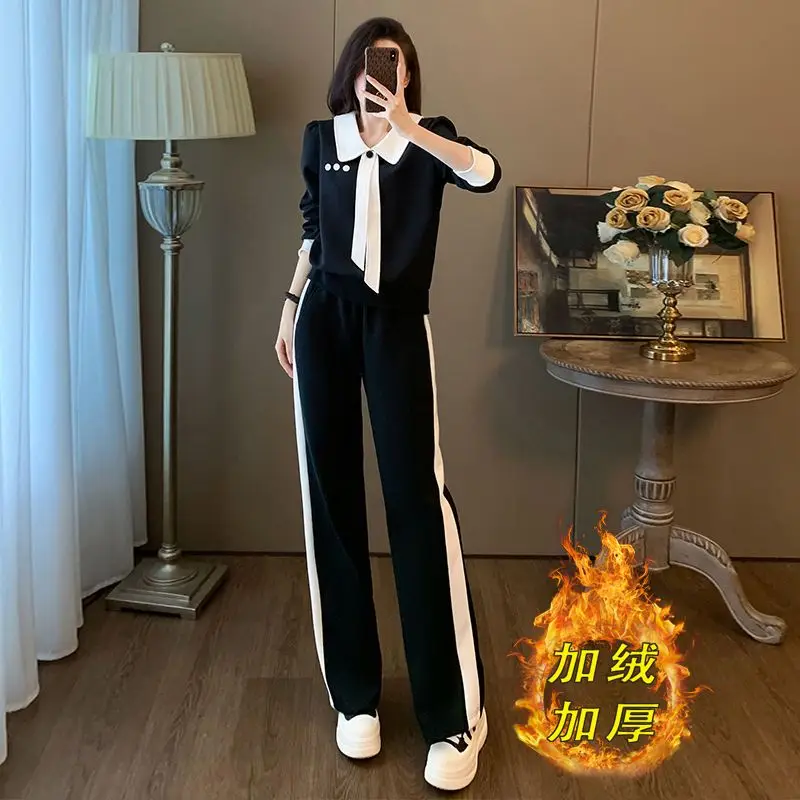 Fashion Casual Sports Suit Women's Autumn and Winter New Style Stylish Slimming Top Age Reducing Wide Leg Pants Two-piece Set