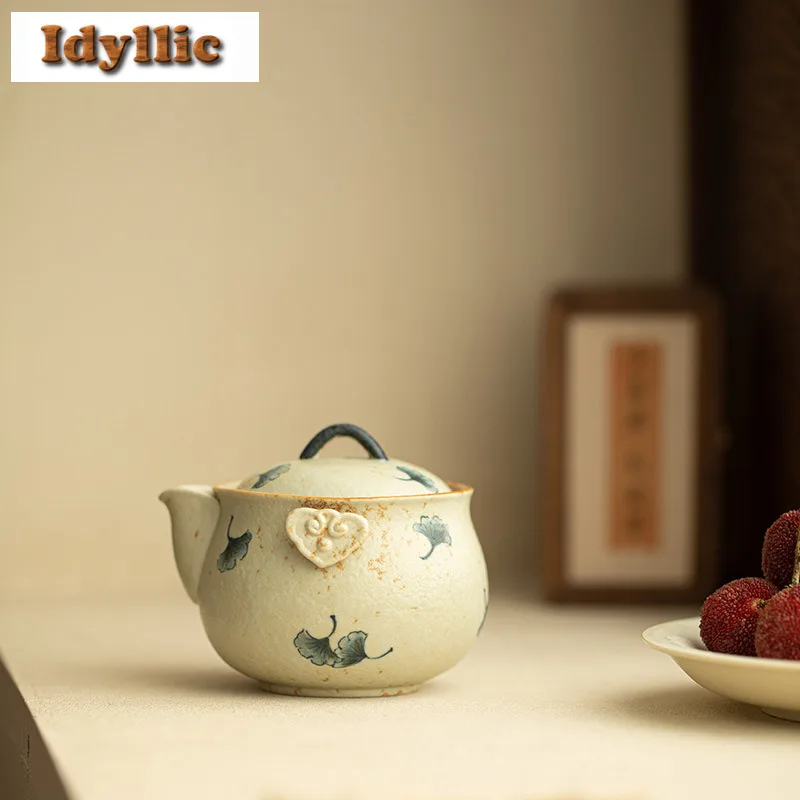 

200ml Hand-painted Ginkgo Hand Grab Teapot Aesthetic Tea Infuser Pot Tea Maker Kettle With Filter Tea Services Decoration Craft