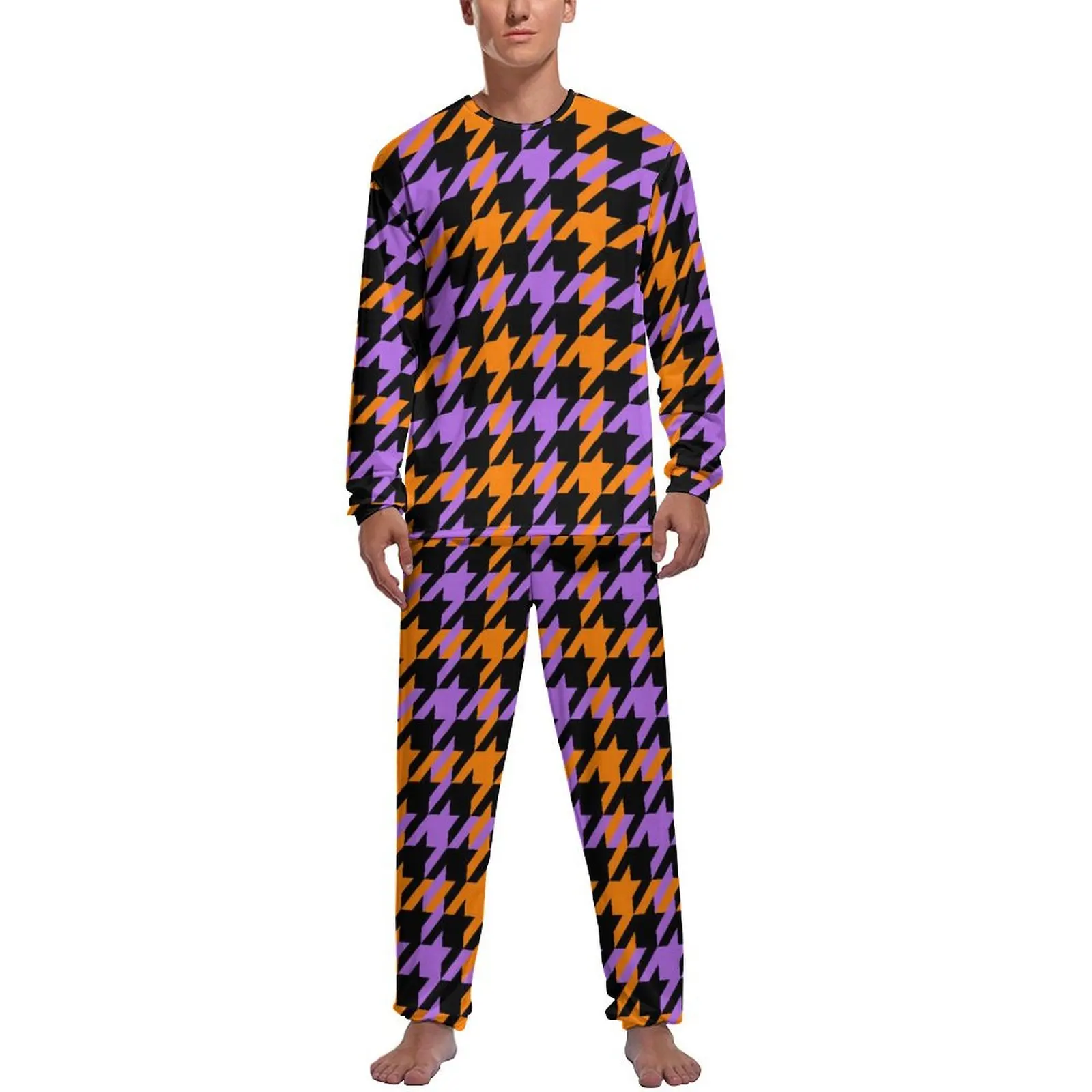 

Houndstooth Check Pajamas Winter Classic Dog Tooth Bedroom Nightwear Men Two Piece Graphic Long Sleeve Soft Pajama Sets