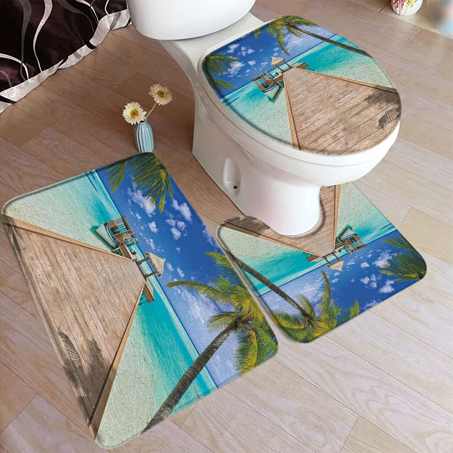 Ocean Beach Bath Mat Set Island Palm Trees Dolphin Fish Coral Nature Scenery Home Carpet Bathroom Decor Floor Rugs Toilet Cover