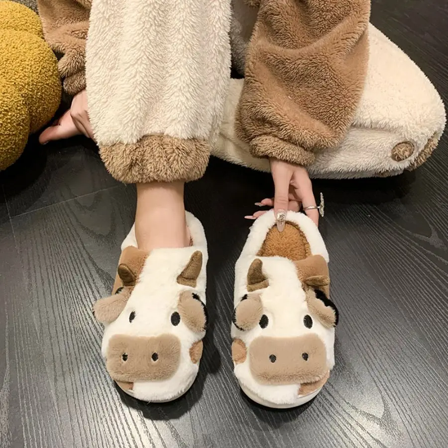 Winter Slippers Cute Women Girls Kawaii Fluffy Warm Plush Slippers Cartoon Milk Cow House Cotton Shoes Funny Casual Shoes