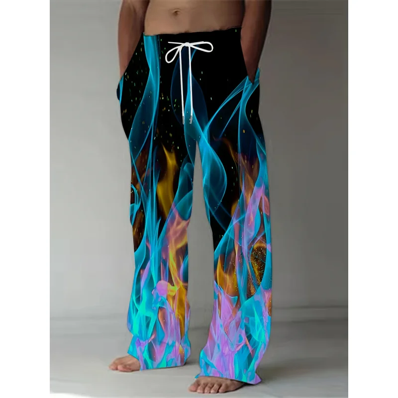 2025 MEN'S FASHION Casual Pants Dynamic 3D Flame Print Straight Leg Casual Pants Waist Retro Style Street Wear