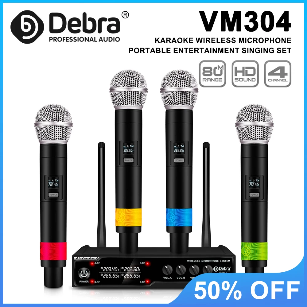 

VM304 Audio 4-channel wireless microphone system, handheld microphone with a range of 80 meters for conferences, karaoke, etc.