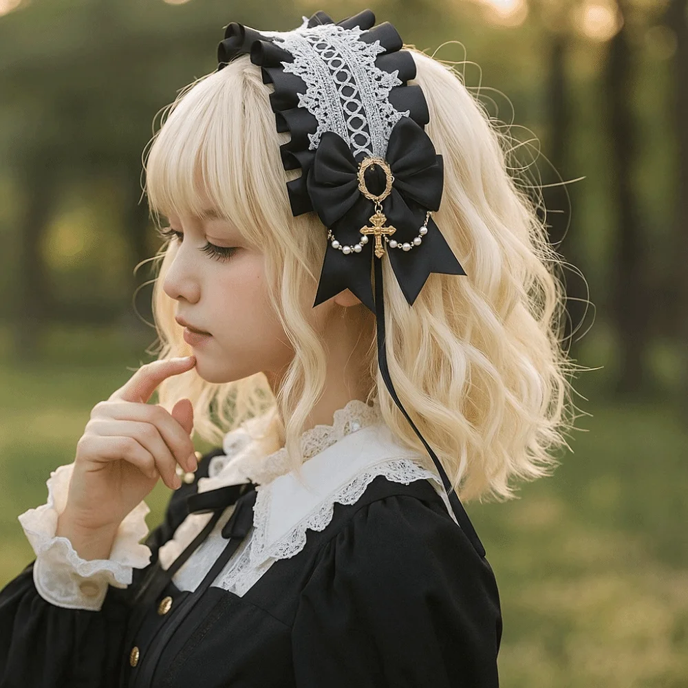 

Creative Sweet Lolita Lace Headband Ribbon Bow Pearl Maid Cosplay Headdress JK Kawaii Ruffled Hairband Girls