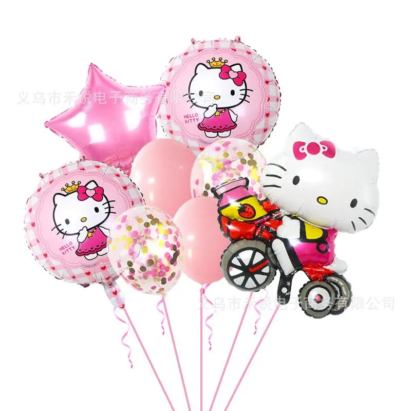 Balão bonito Sanrio Olá Kitty para menina, Balões metálicos, Pacote de aniversário, Layout Presente, Festa Kawaii, Novo, 9pcs