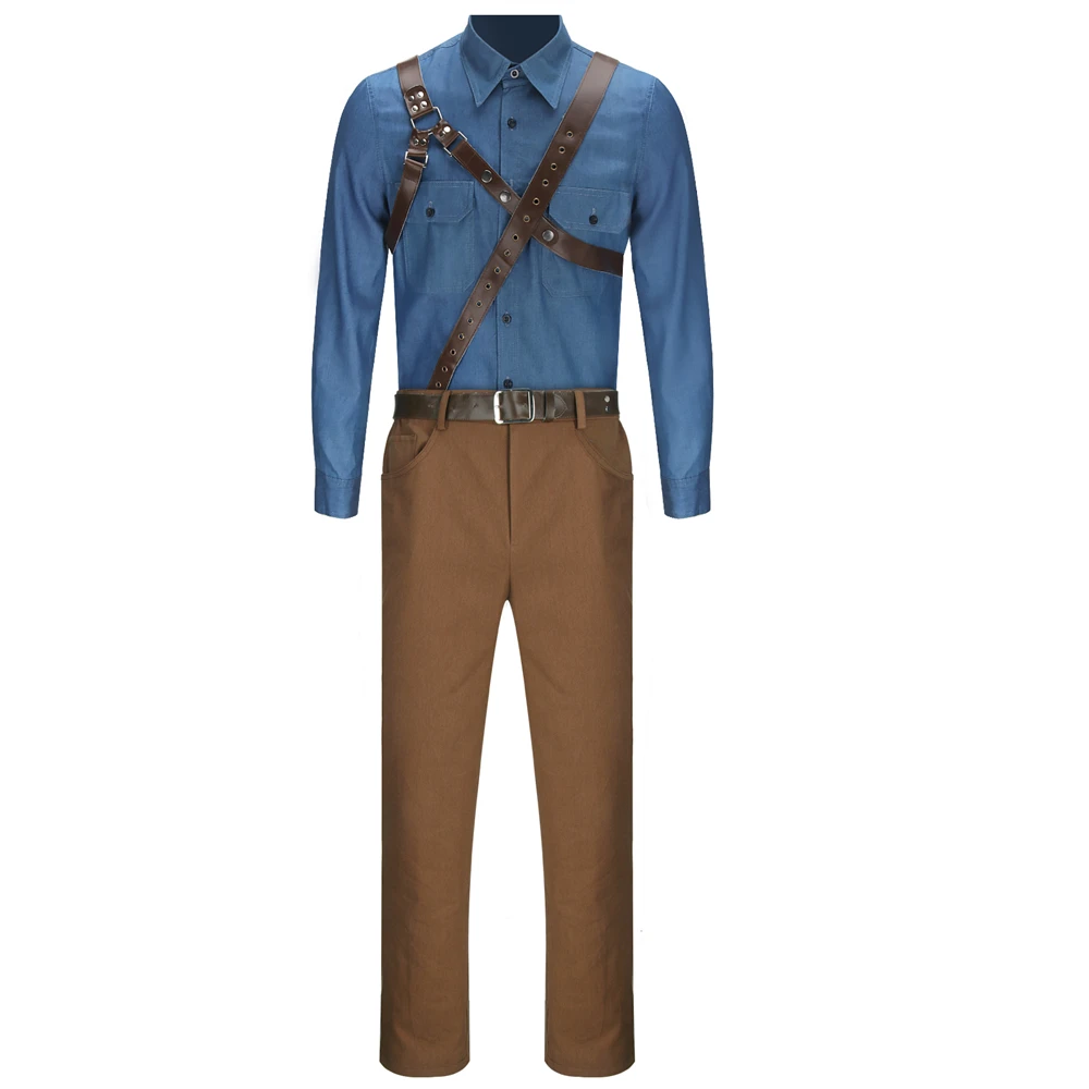 Ash Costume The Evil Dead Full Set Shirt Pants Braces Suit Halloween Cosplay Costume for Adult Men