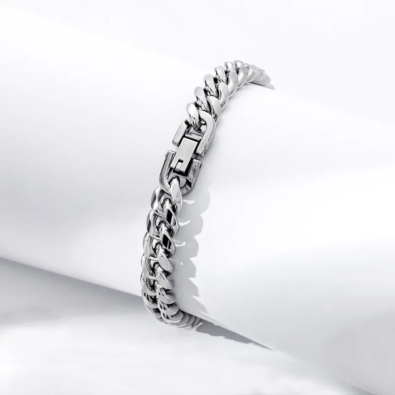 8MM Width Stainless Steel Cuban Chain Bracelets for Men, Silver Color Fashion Hip Hop Male Boy Wristband Jewelry