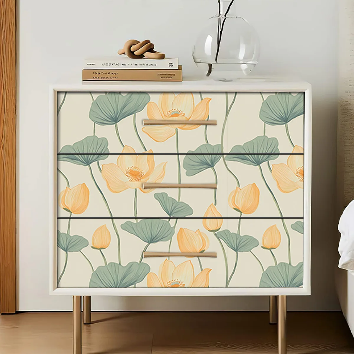 Peel and Stick Flower Leaf Contact Paper Modern Removable Vinyl Self Adhesive Lotus Wall Paper for Bedroom Bathroom Cabinet
