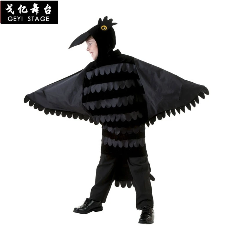 Children Black Crow Costume Genuine Disguise Halloween Kids Animals Performance Cosplay Carnival Party Dress-up Jumpsuit