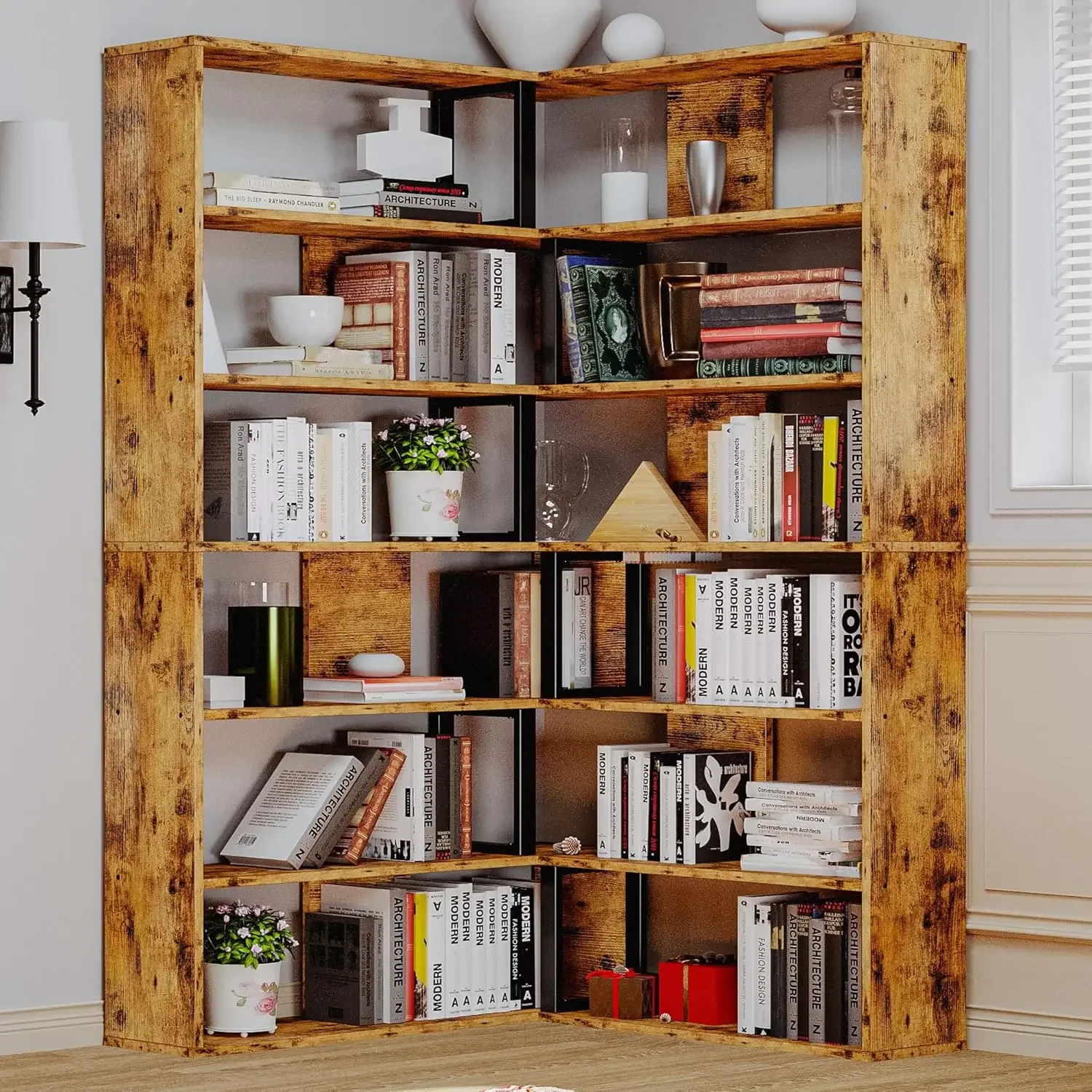 Bookshelves 6-Tier with Industrial Large Corner Etagere Shelf Bookcases Display Storage Shelves for Home Office, Living Room