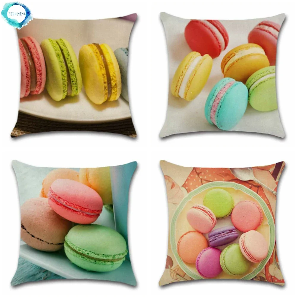 

Colorful Cake Dessert Macaron Pattern Decorative Pillowcase Home Sofa Cotton Linen Cushion Cover for Chair Coffee Shop 45X45CM