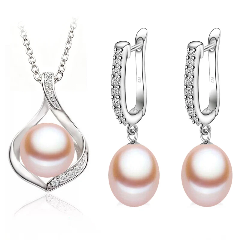 Black Natural Freshwater Pearl Necklace Earrings Set Women,Dangling 925 Sterling Silver Pearl Jewelry Set Mother Wife Gift White view 5