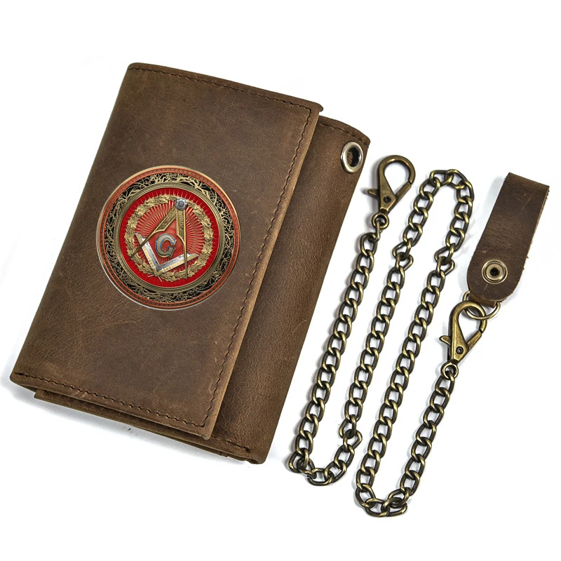 Luxury Men Genuine Leather Wallet With Iron Chain Anti Theft Masonic Master Mason Symbol Printing Card Holder Short Purse BT3484