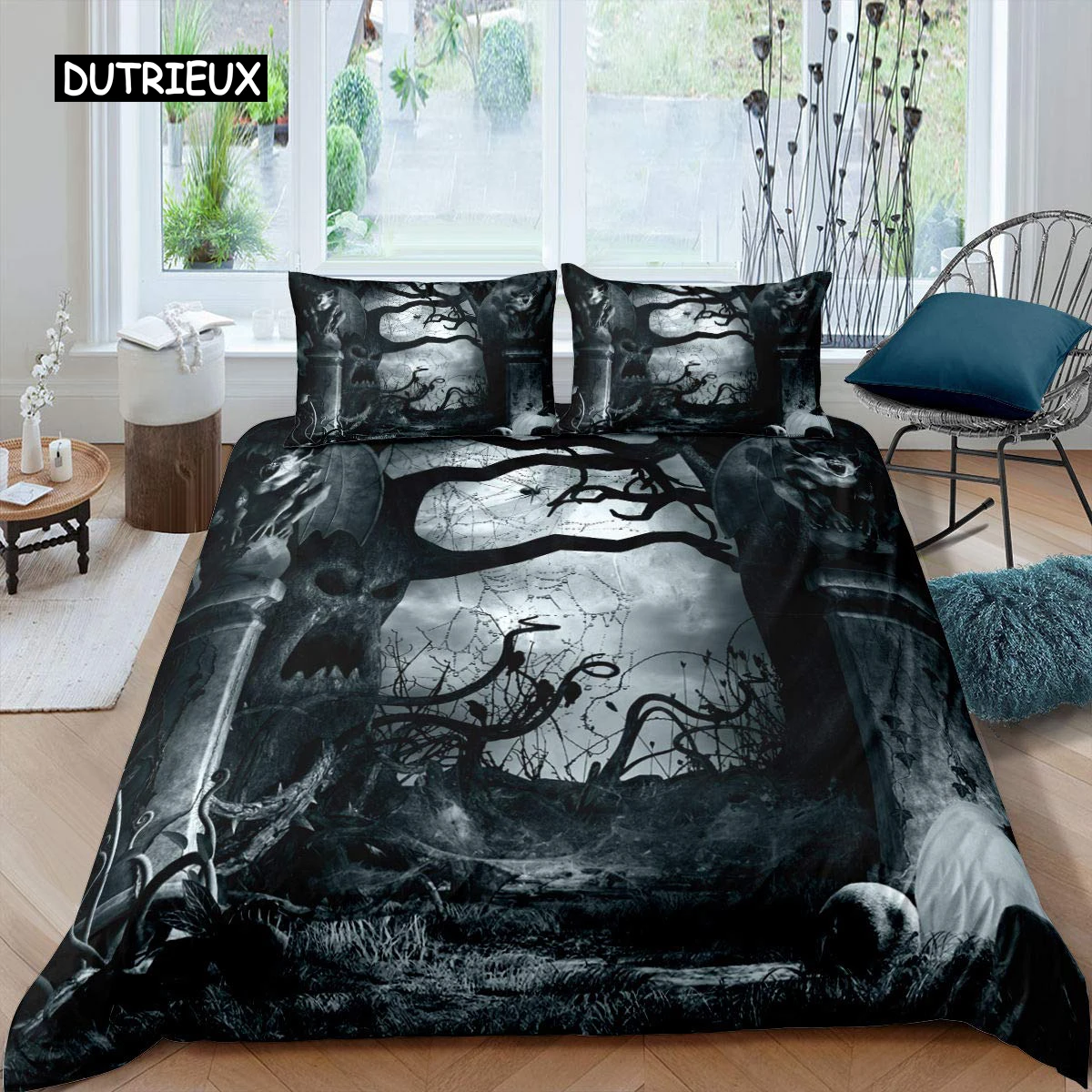 Halloween Tree Bedding Set Queen King Horror Theme Comforter Cover Gothic Spooky Polyester Duvet Cover Branches Grey Quilt Cover