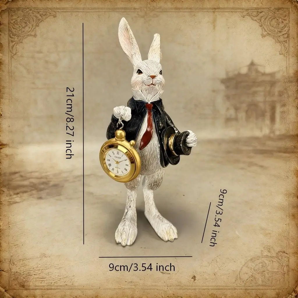 Alice in Wonderland White Rabbit Figurine with Clock, Resin Bunny Statue Decor for Home Tabletop Spring Ornament Holiday Gift