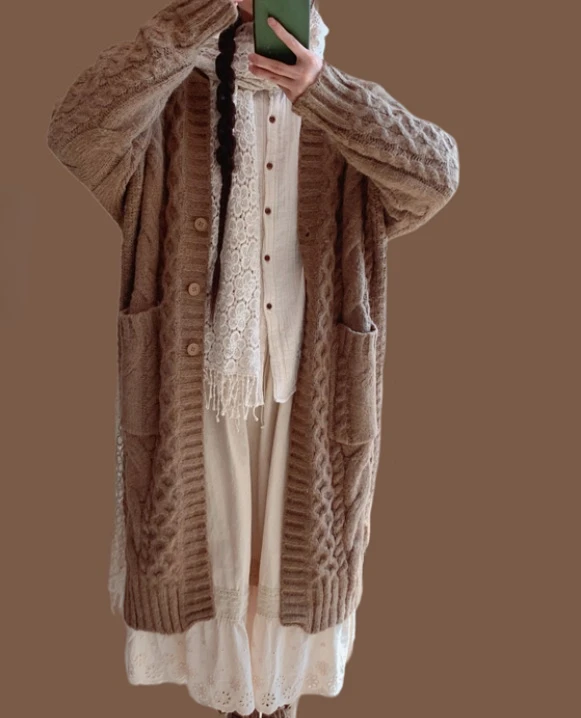 가을 겨울 일본식 우아한 레트로 두꺼운 롱 스웨터 가디건 패션 소녀 루즈핏 나이 감소 V넥 니트 울 스웨터