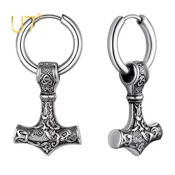 U7 Unisex Viking Mjolnir Earrings for Man Woman Stainless Steel Norse Mythology Hammer Amulet Drops Earring Jewelry Gift