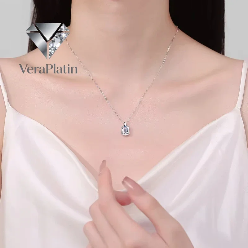 

VeraPlatin Women Valentine's Day 18K White Gold Necklaces 1/2CT Moissanite Diamond Square Pendant PT950 Platinum Girl Friend Bir