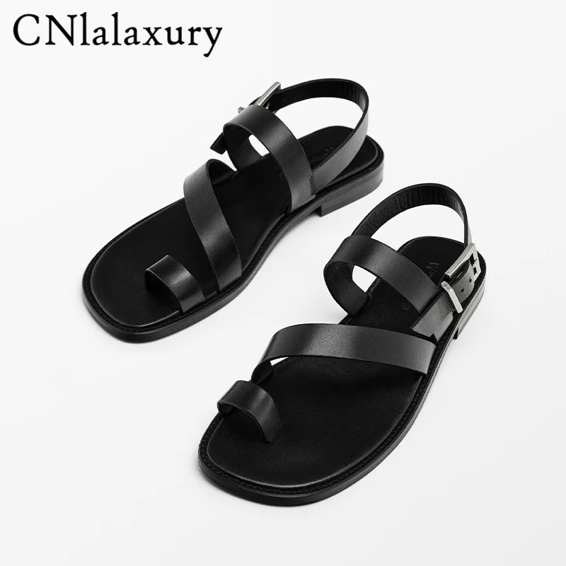 2024 New Fashion Women Shoes Genuine Leather Flat Sandals Cross Strap Beach Shoes sandalias mujer verano