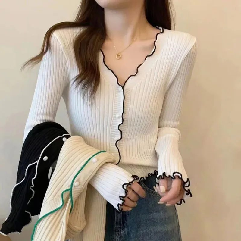 

Sweaters Long Sleeve Knitted Sweater Women Cardigans Fashion White V-Neck Knit Sweater Cardigan Women Tops Sueter Feminino Q3352