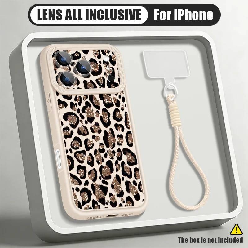 Brown Leopard Printed Lanyard Phone Case For iPhone 17e 17 Pro Max 16 15 14 13 Pro Max 16e Soft Silicone Wrist Strap Back Cover - view 2