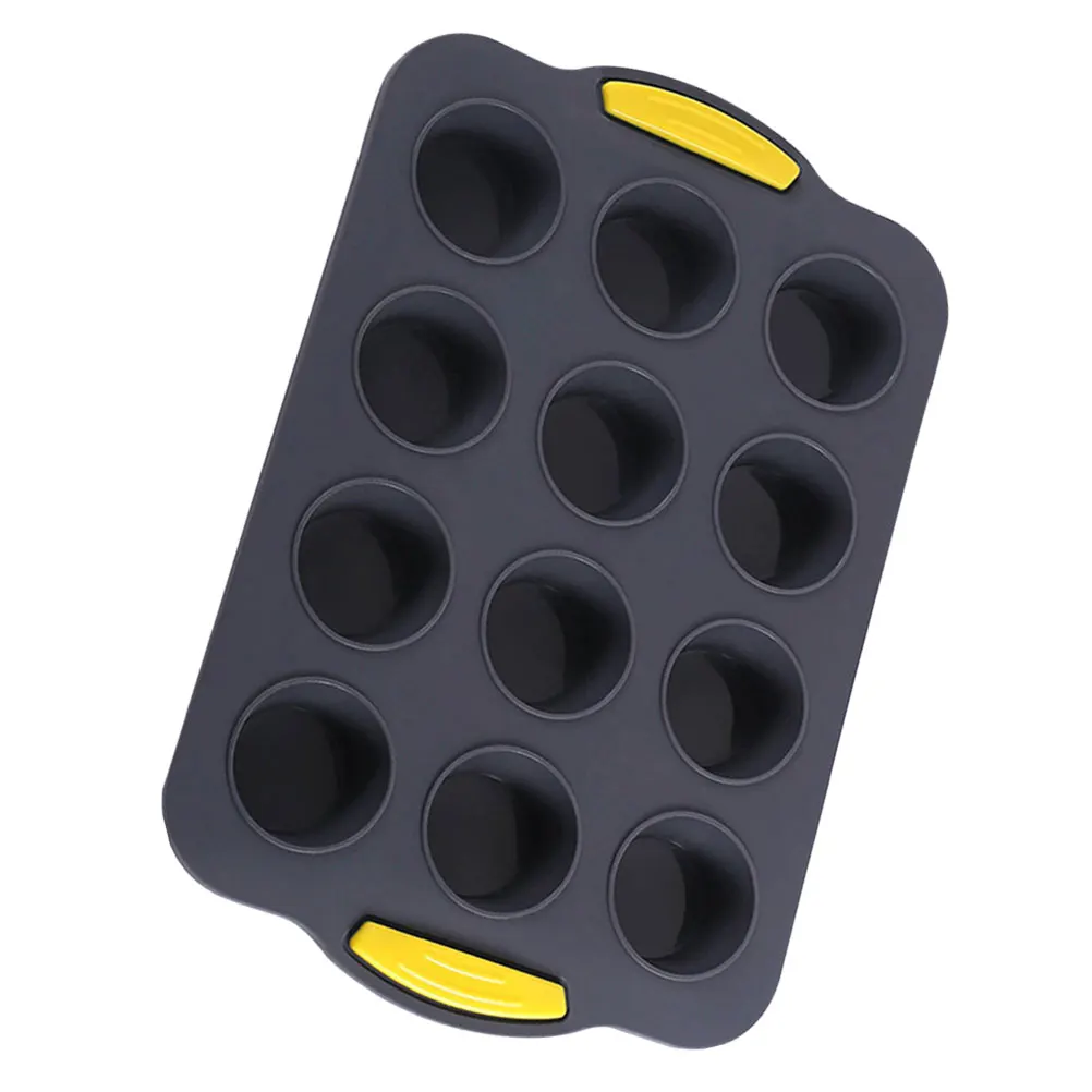 

12 Cup Silicone Cake Pans Baking 12 Cup Muffin Pan Tray Tin Non Stick Gray Yellow Portable Cupcake Mold Handle