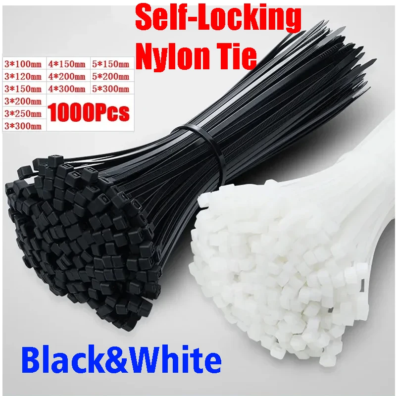 

1000Pcs Black/White Nylon Cable Ties Self-locking 5X300mm Wire Zip Set Kit 3X200mm Industrial Supply Fasteners Cable Tie