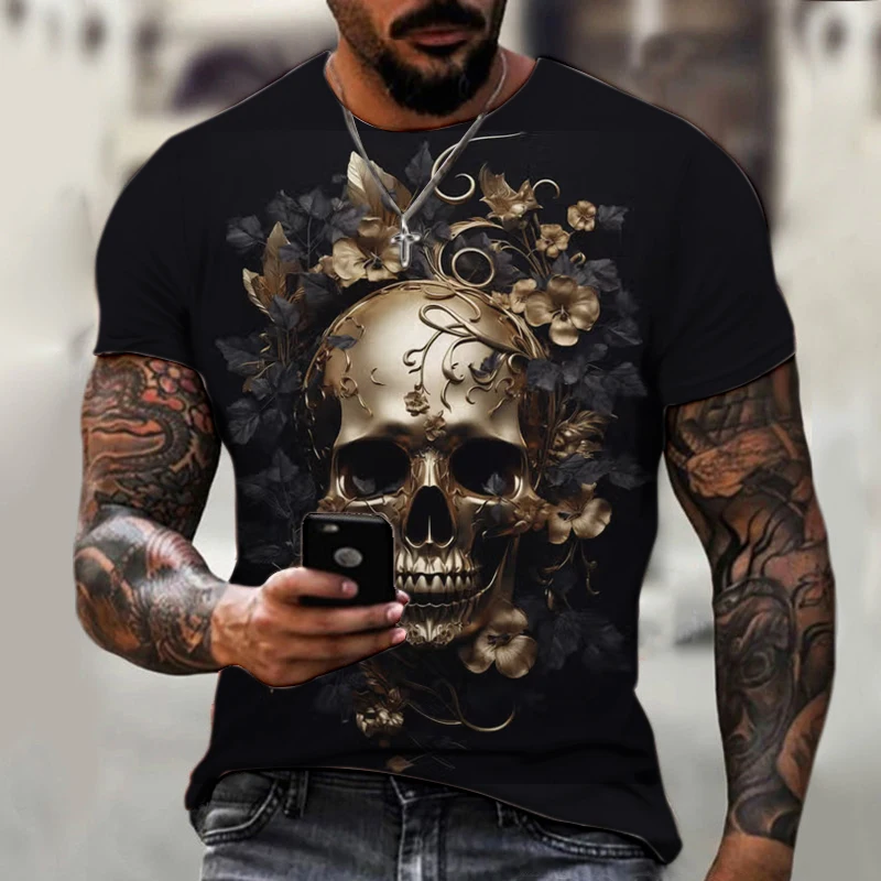 Summer Classic Skull 3D Printed T-shirt Fashion Outdoor Leisure Sports Street Clothing Round Neck Short Sleeve Extra Large Tops