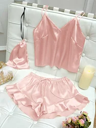 Tie Front Ruffle Hem Satin Pajamas Set Solid Breathable Sleepwear Homewear for Women