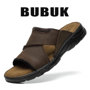 Bubuk Men's Genuine Leather Slip-On Slippers, First-Layer Cowhide Beach Sandals, Casual Men's Shoes, Arch Support Correction, Suitable for Indoor and Outdoor Wear