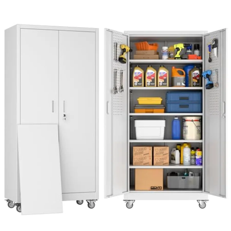 

71" Tall Rolling Metal Storage Cabinet with Locking Doors, Heavy Duty Garage Cabinets with Wheels, 5 Adjustable Shees and Pegbo