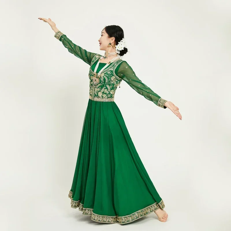 Indian Dance Folk Costume Bollywood Dance Embroidered Green Dress Belly Dance Suit Oriental Classical Clothing DQL7580