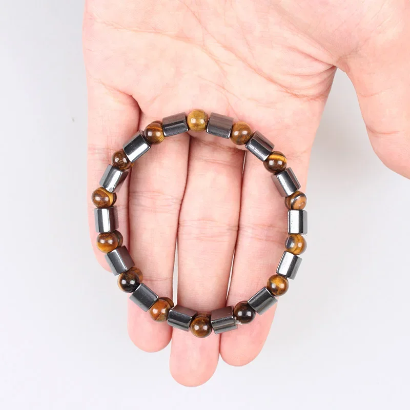 Man Woman Natural Stone Beads Tiger\'s Eye Hematite Charm Bracelets Men Tiger Eye & Hematite Energy Stone Bracelets Yoga Bangle