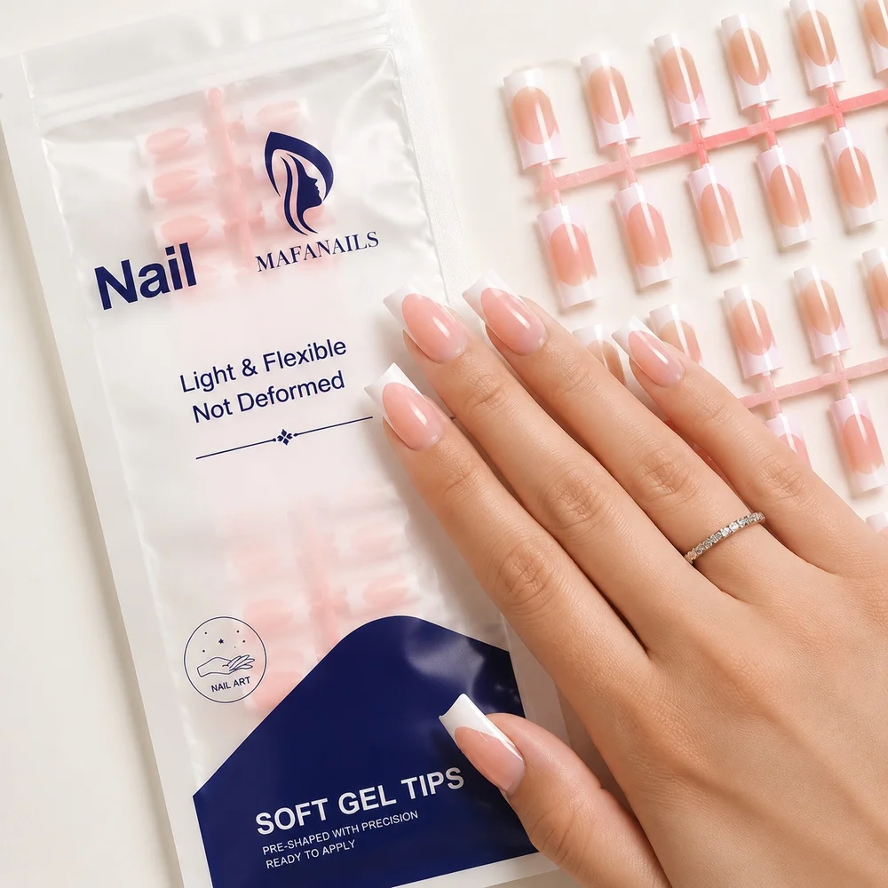 120Pcs No‑Trace Soft Gel Duck Nail Tips Pre‑Applied White French Edge Nude Pink Full Cover False Nails For DIY Nail Creation