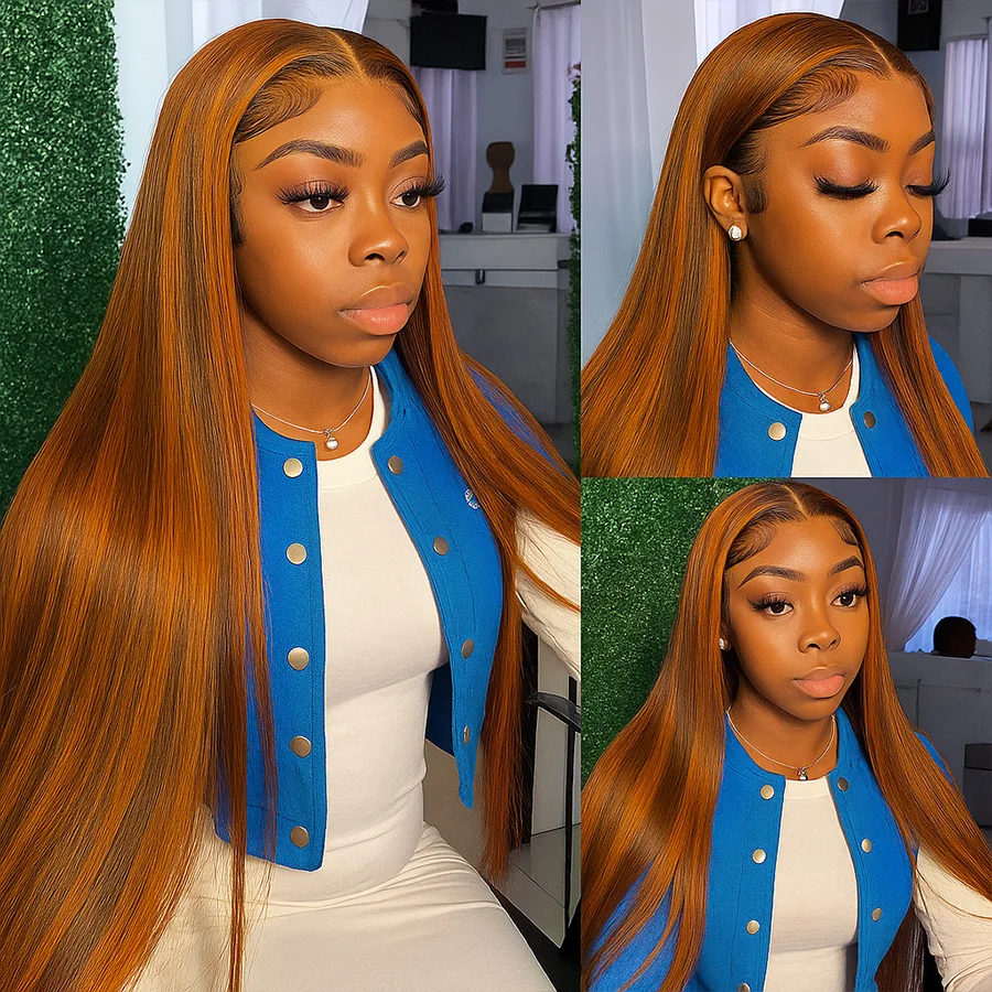 

Upgrade Ginger with Brown Highlight Wig Straight Human Hair Wigs Bralizian Balayage Ombre Colored 5x5 Glueless Wig Wear To Go