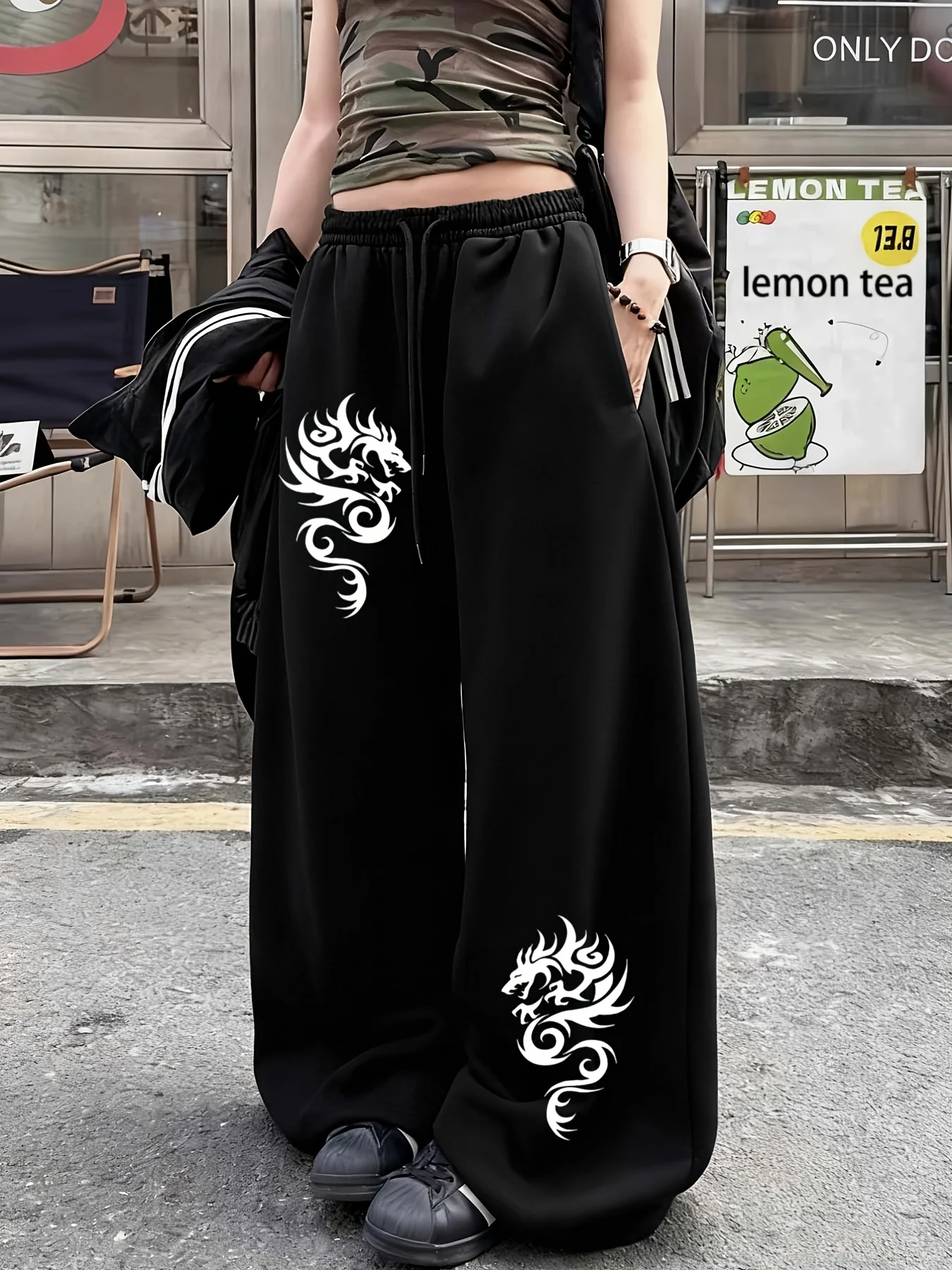 Women's Street Style Casual Sweatpants with Dragon Print  Arrivals for Spring Fleece Loose Fit Streetwear Oversized