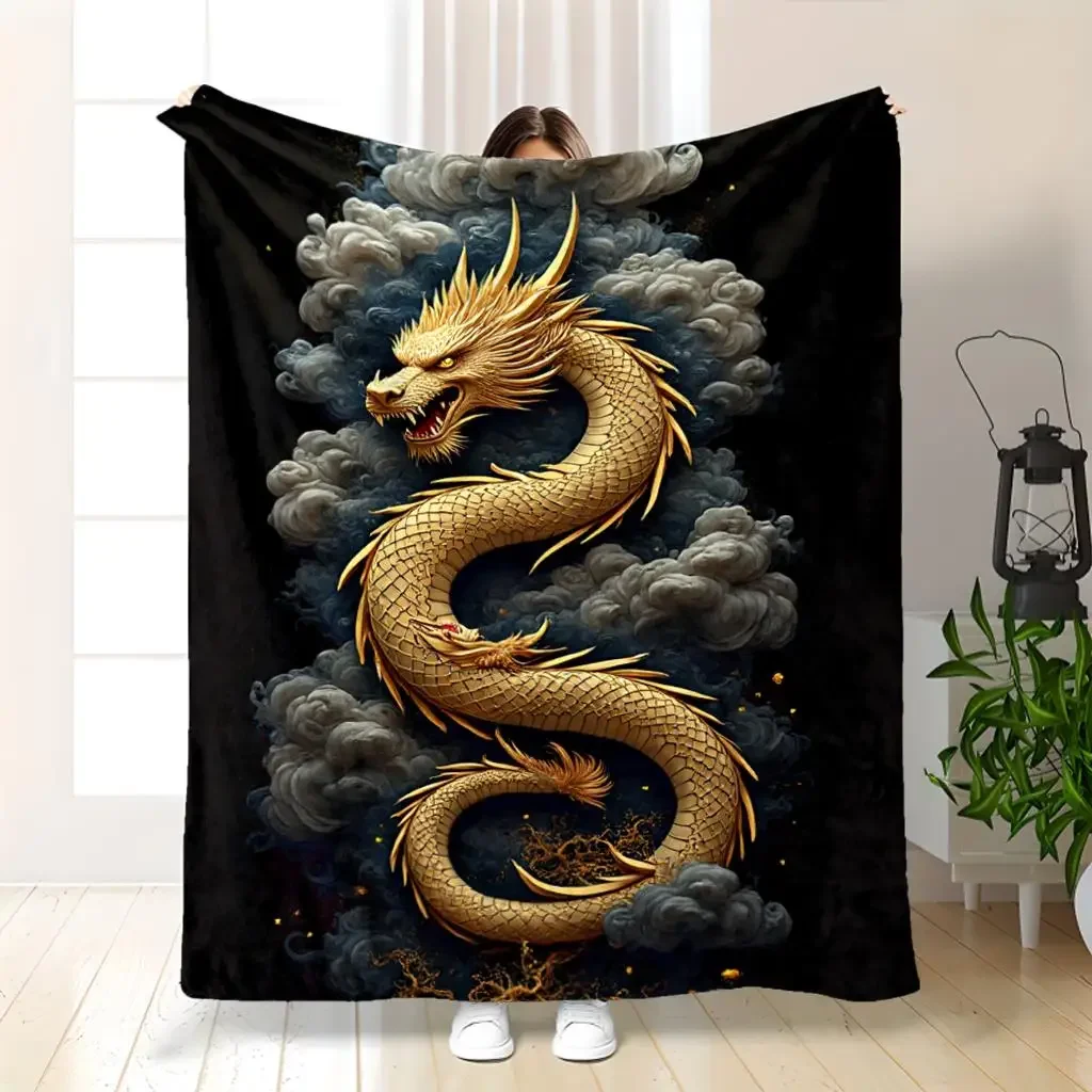 

Фланелевое одеяло с золотым мифическим драконьим узором для всех сезонов, идеально подходит для гостиной, офиса, дивана и путешествий.