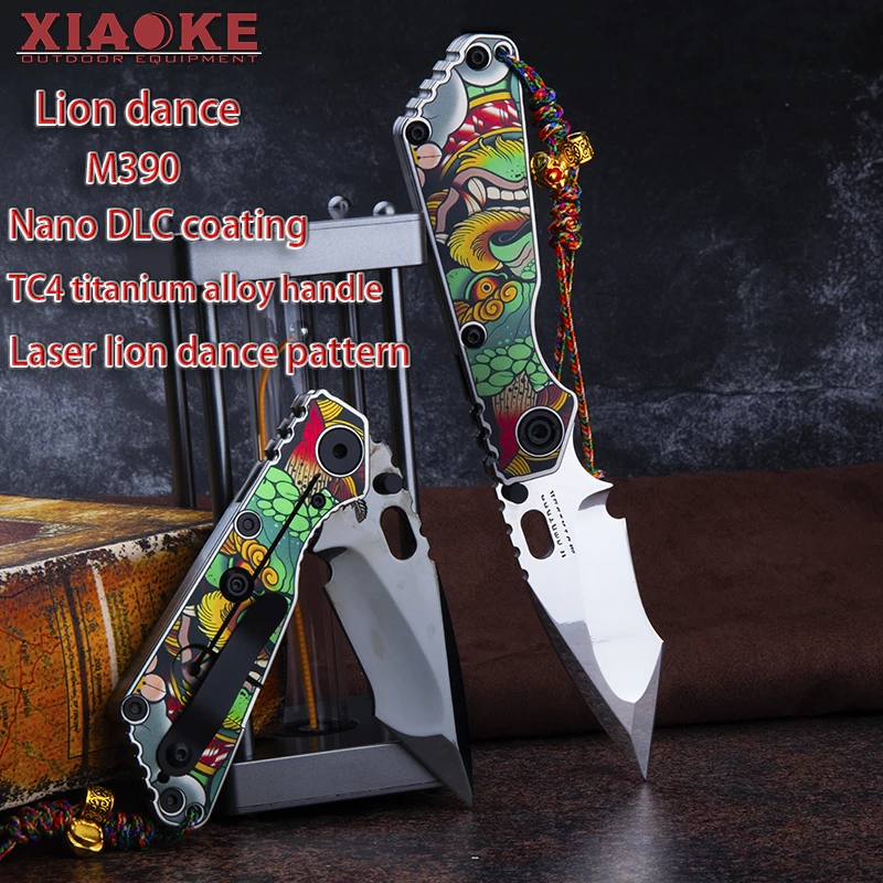 Premium M390 Mirror DLC Folding Knife with TC4 Titanium Handle Lion Dance Pattern Outdoor Camping EDC Tool Collectible Gift