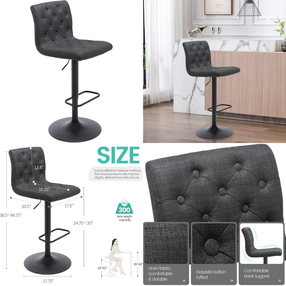 Upholstered Fabric Swivel Bar Stool with Adjustable Height and Back Support
