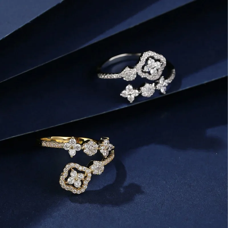 IOGOU Funkelnder runder D-Color Moissanit-Blumenring für Damen, VVS1, Laborimitation, Diamant-Kleeblatt, verstellbarer Ring, GRA-Schmuck, Geschenk – Detail 8