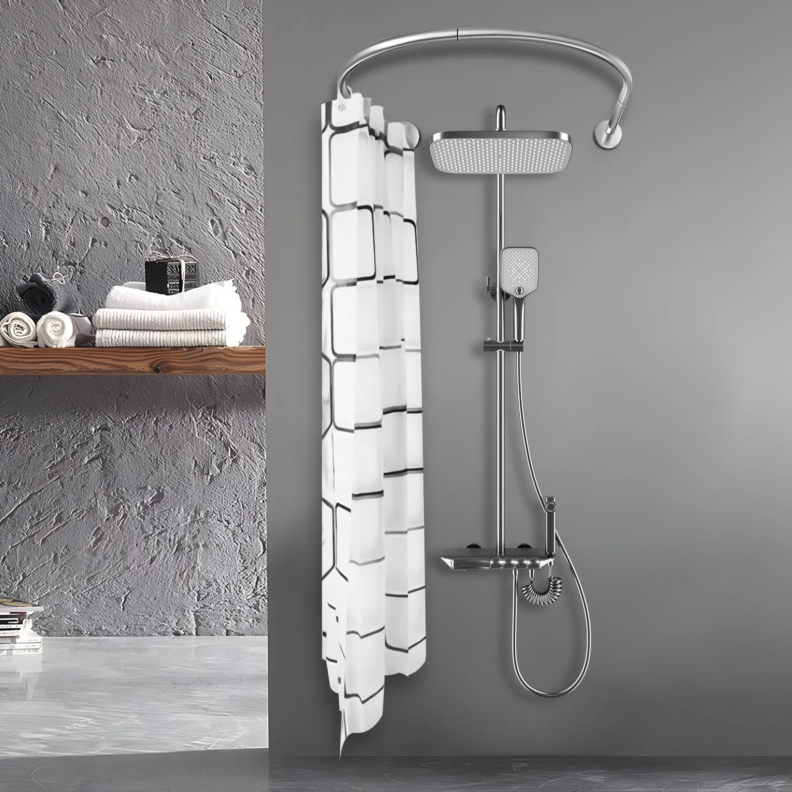 

Stainless Steel Shower Curtain Rod 0.9-1.3m with 7.87ft*5.91ft Curtain