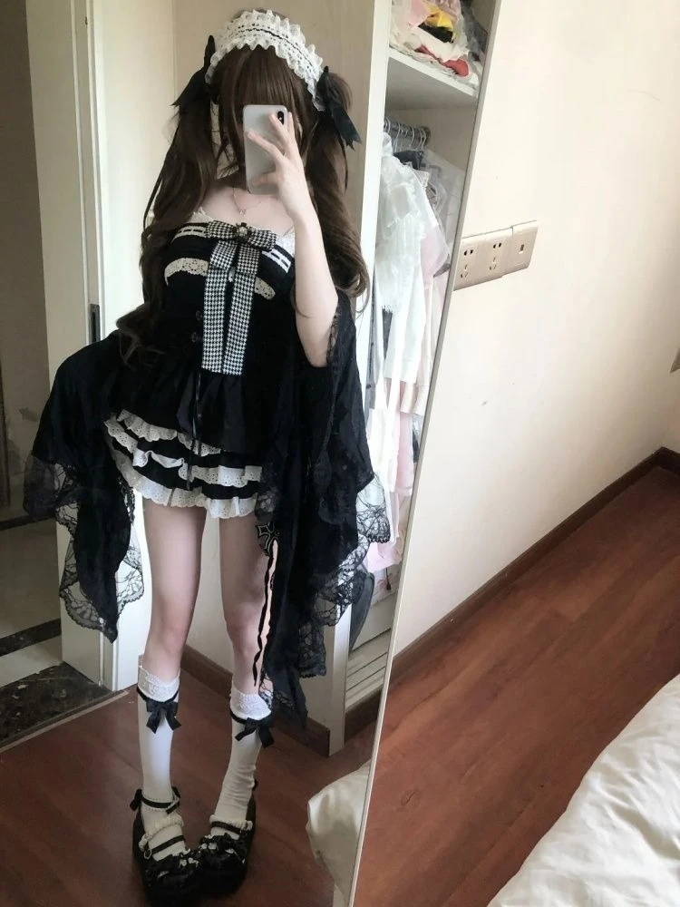 Japanisches Vintage Ärmelloses Oberteil mit Schleifen-Patchwork + Puff-Minirock Zweiteiler Set Damen Elegant Y2k Süß Bodycon Frühling Sommer