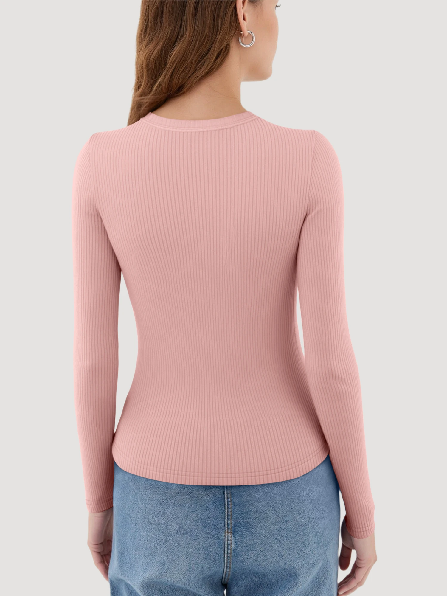 Smart Casual Ribbed Cropped Long Sleeve Shirt, Round Neck Slim Top for Office Daily Wear & Café Gatherings view 2