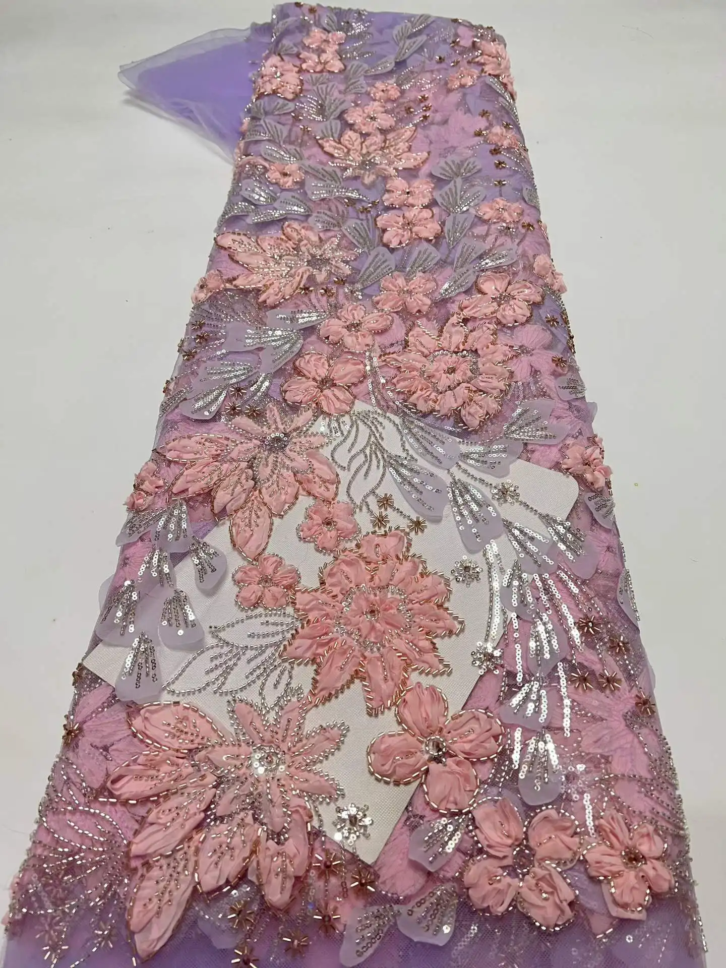 

Wholesale Luxury African Lace Fabric Purple Beaded French New African Fabrics 2026 Sequins Tulle Lace Fabrics For Dresses Sewing