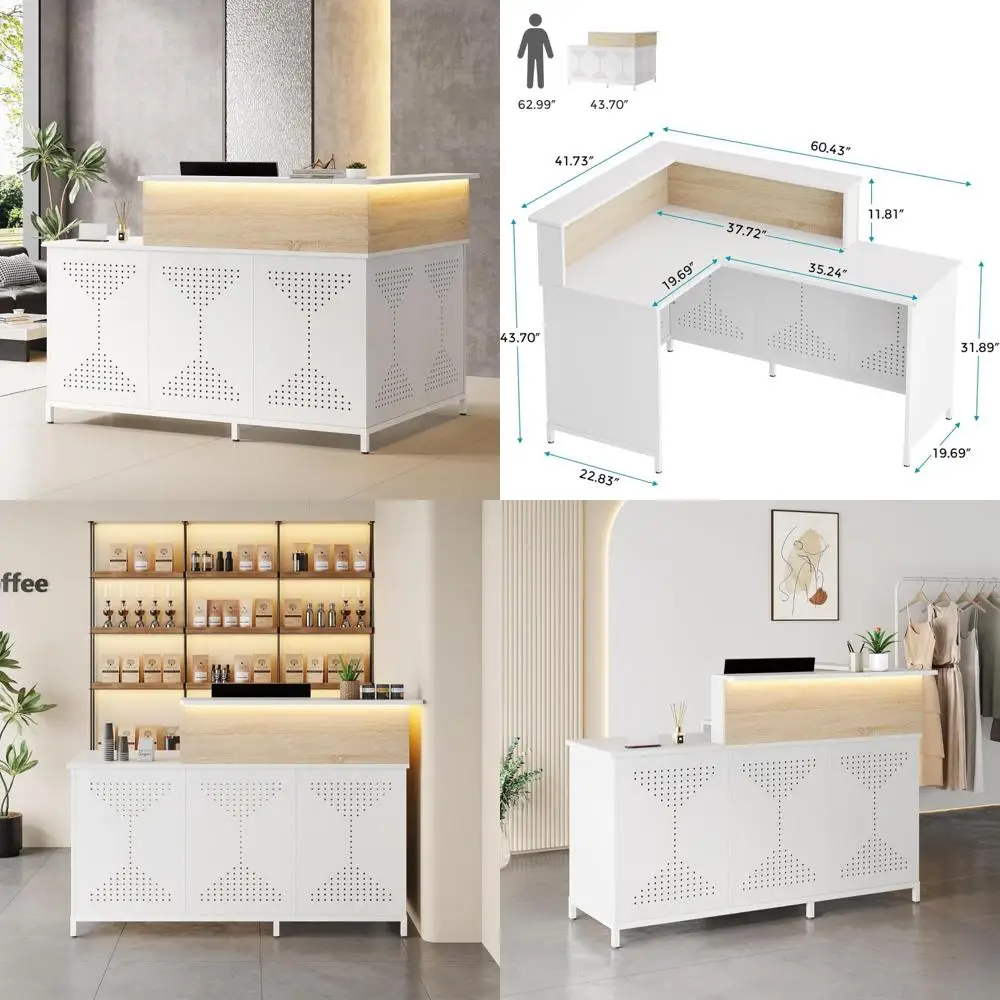 LED-Illuminated L-Shaped Reception Desk, 60 Modern Front Desk, Checkout Counter for Office, Lobby, and Beauty Salons